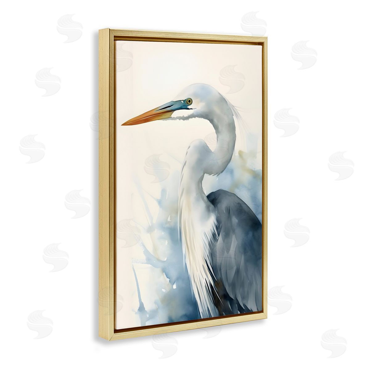 Quiet Heron View Gold Floating Frame Canvas Wall Art, Home Decor by Petal Prints Design