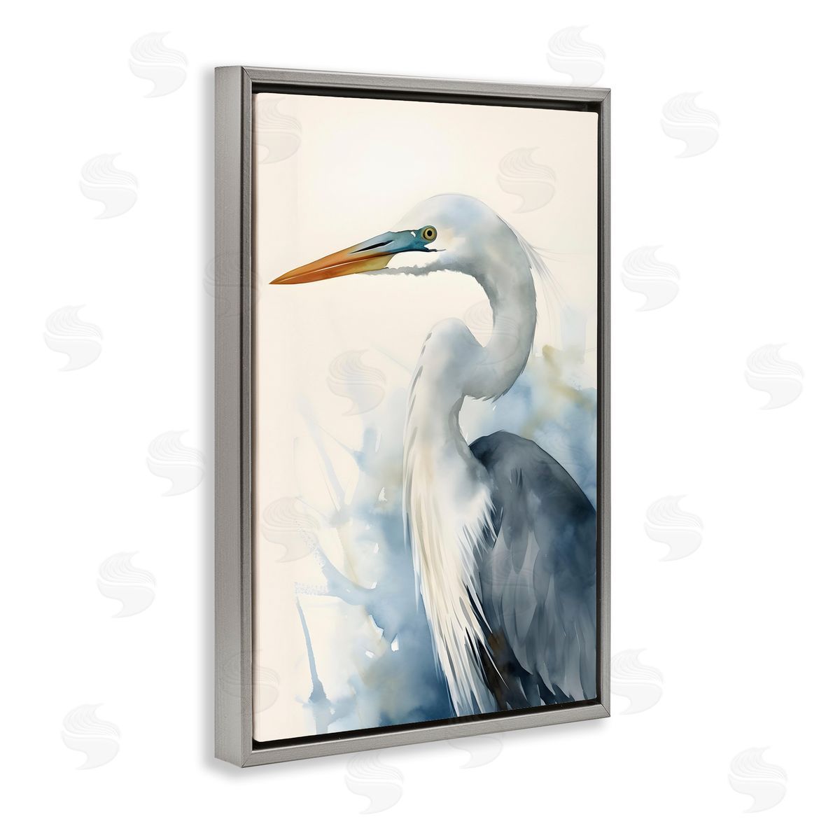 Quiet Heron View Grey Floating Frame Canvas Wall Art, Home Decor by Petal Prints Design