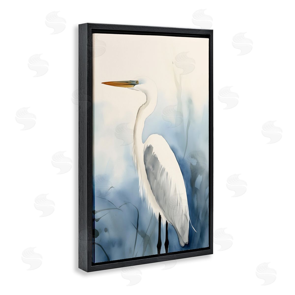 Egret Beach Bird Black Floating Frame Canvas Wall Art, Home Decor by Petal Prints Design