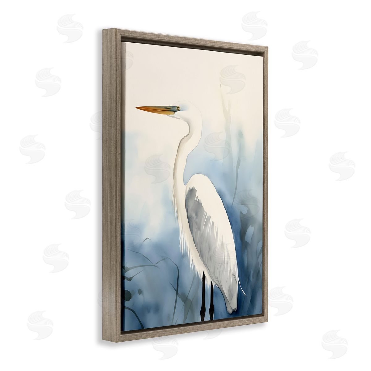 Egret Beach Bird Brown Floating Frame Canvas Wall Art, Home Decor by Petal Prints Design