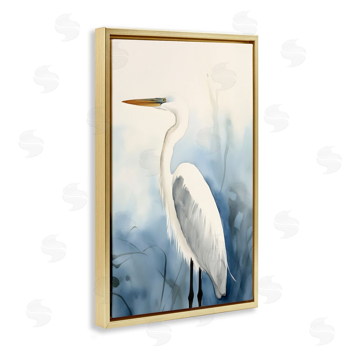 Egret Beach Bird Gold Floating Frame Canvas Wall Art, Home Decor by Petal Prints Design