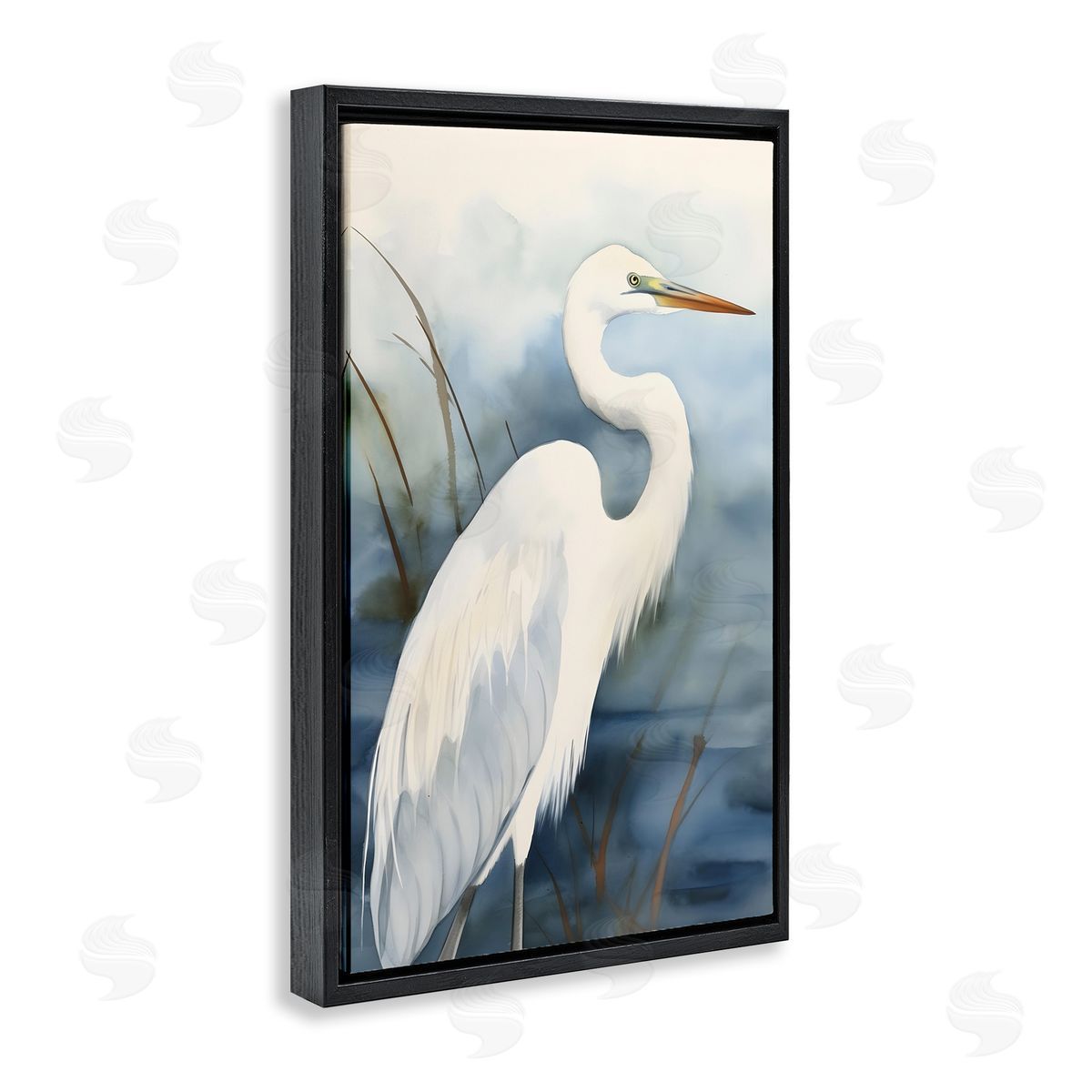 Soft Egret Impression Black Floating Frame Canvas Wall Art, Home Decor by Petal Prints Design