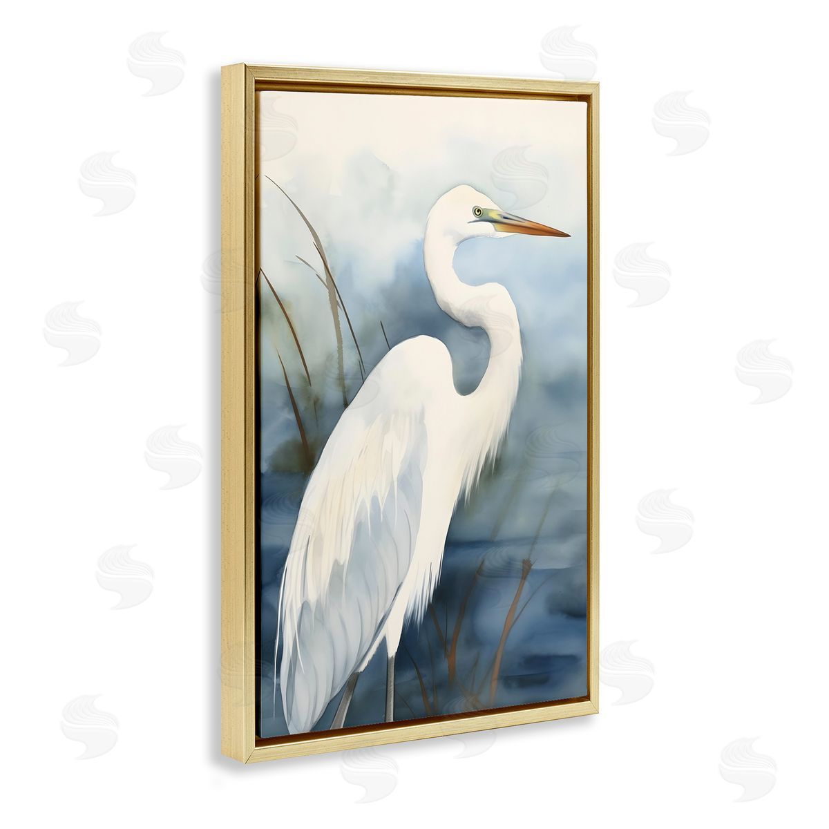 Soft Egret Impression Gold Floating Frame Canvas Wall Art, Home Decor by Petal Prints Design