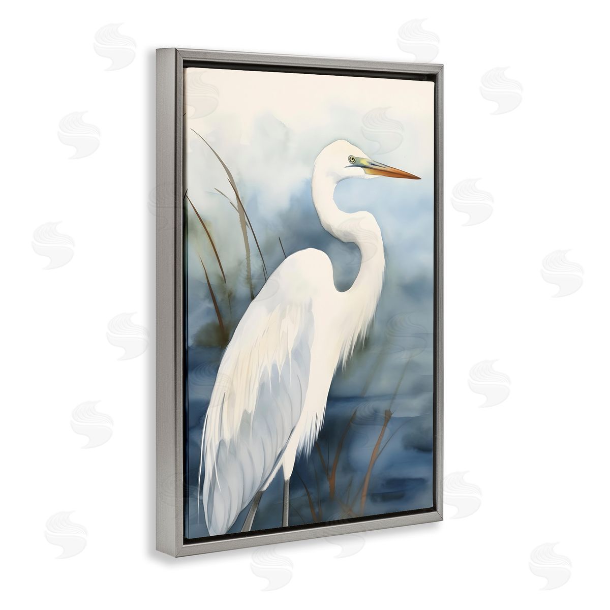 Soft Egret Impression Grey Floating Frame Canvas Wall Art, Home Decor by Petal Prints Design