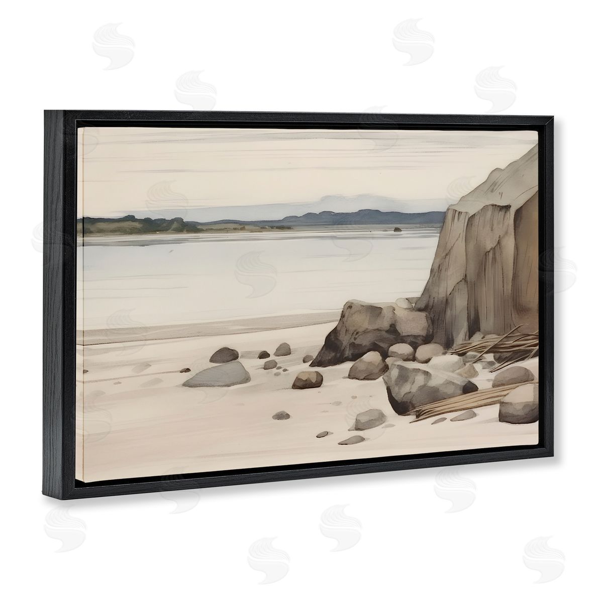 Petal Prints Design Beach Cliff View Black Floating Frame Canvas Wall Art Print