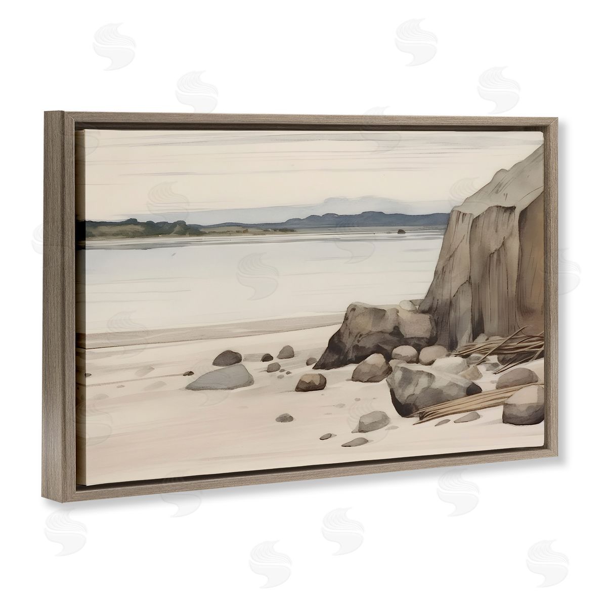 Petal Prints Design Beach Cliff View Brown Floating Frame Canvas Wall Art Print