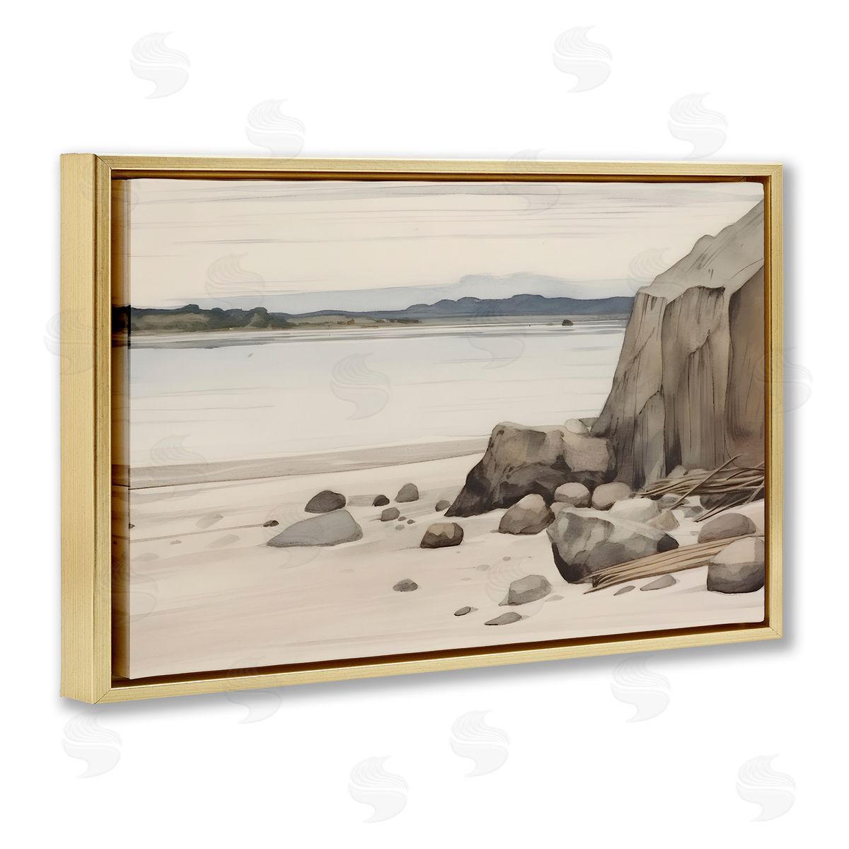 Petal Prints Design Beach Cliff View Gold Floating Frame Canvas Wall Art Print