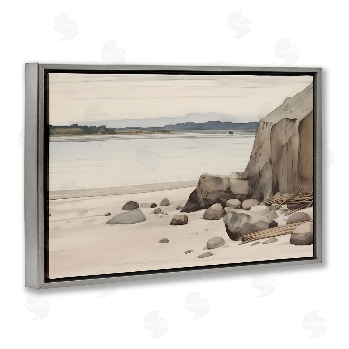 Petal Prints Design Beach Cliff View Gray Floating Frame Canvas Wall Art Print