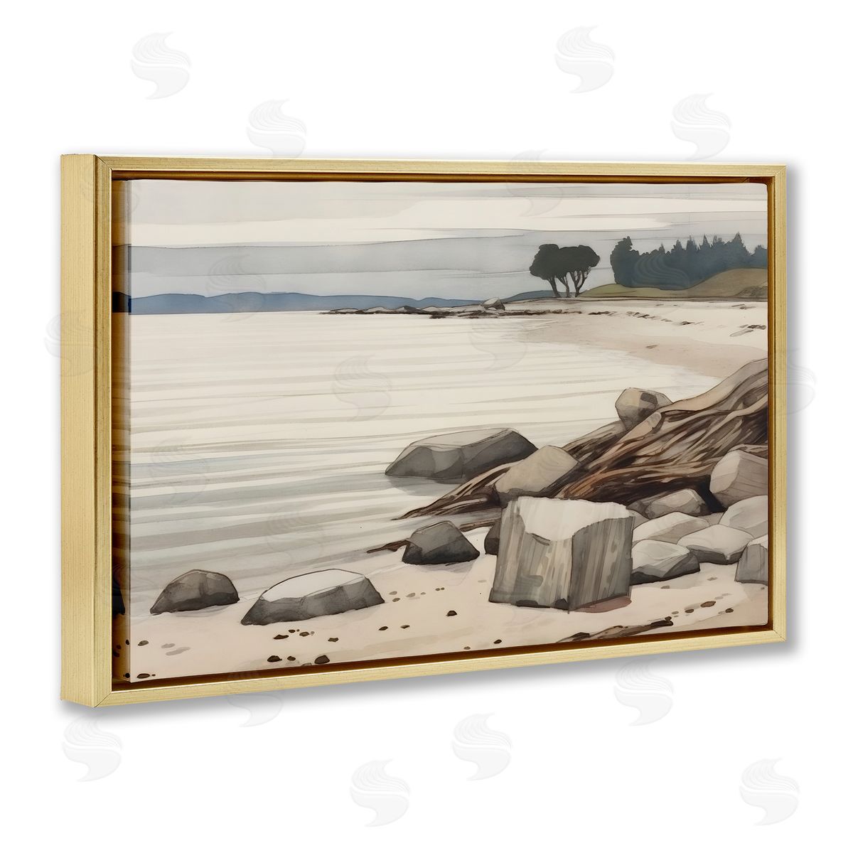 Petal Prints Design Beach Rock View Gold Floating Frame Canvas Wall Art Print