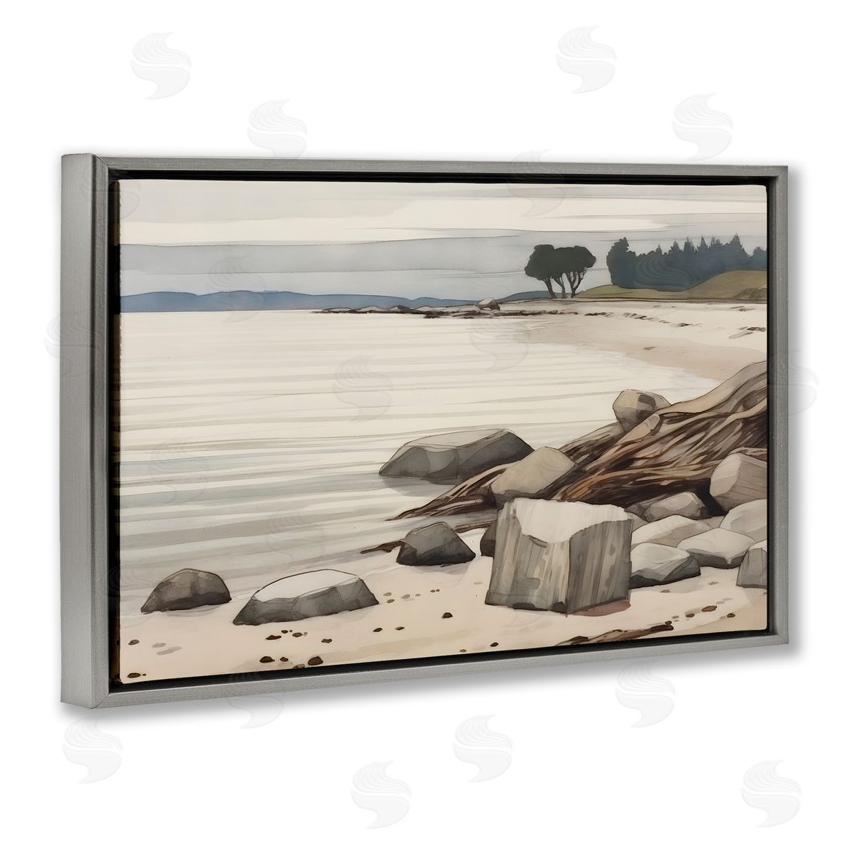 Petal Prints Design Beach Rock View Gray Floating Frame Canvas Wall Art Print