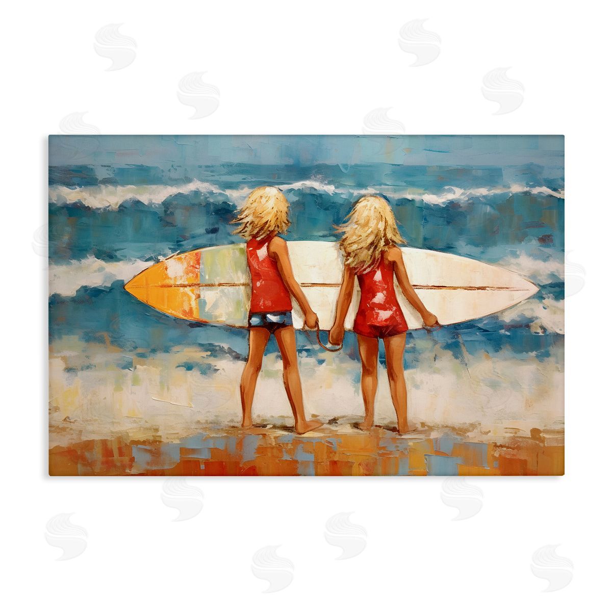 Petal Prints Design Siblings with Surfboard Canvas Wall Art Print
