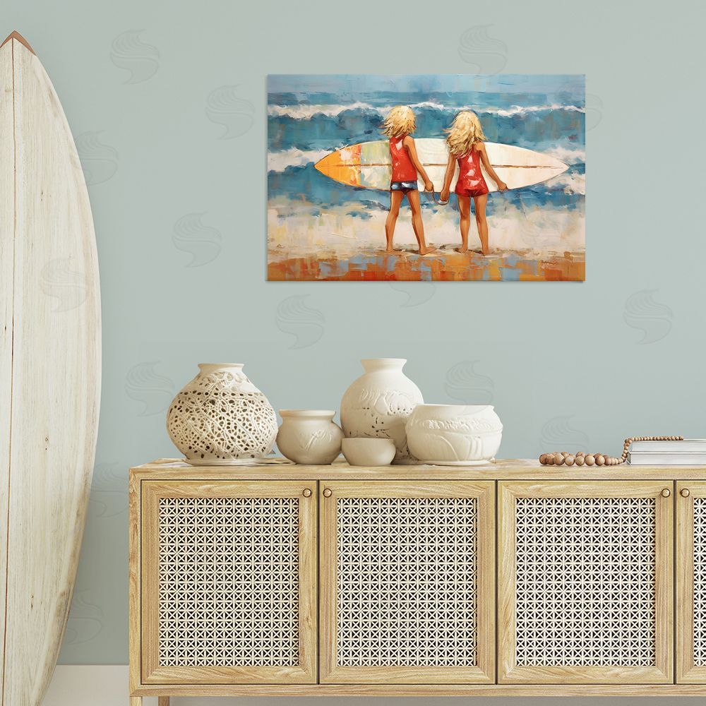 Petal Prints Design Siblings with Surfboard Canvas Wall Art Print in Room