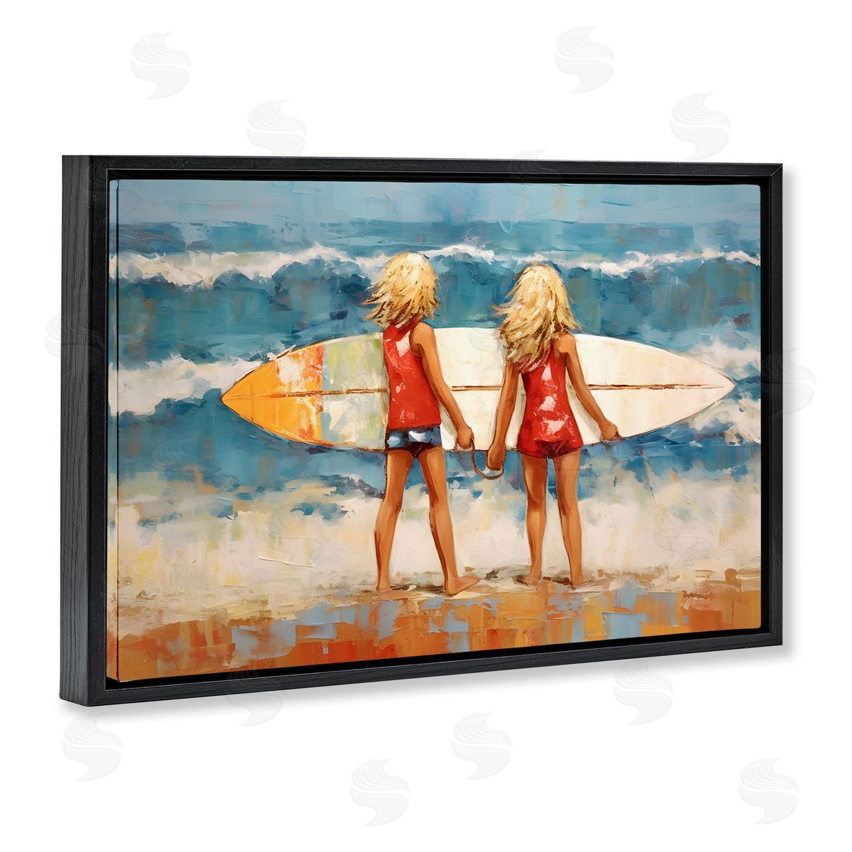 Petal Prints Design Siblings with Surfboard Black Floating Frame Canvas Wall Art Print