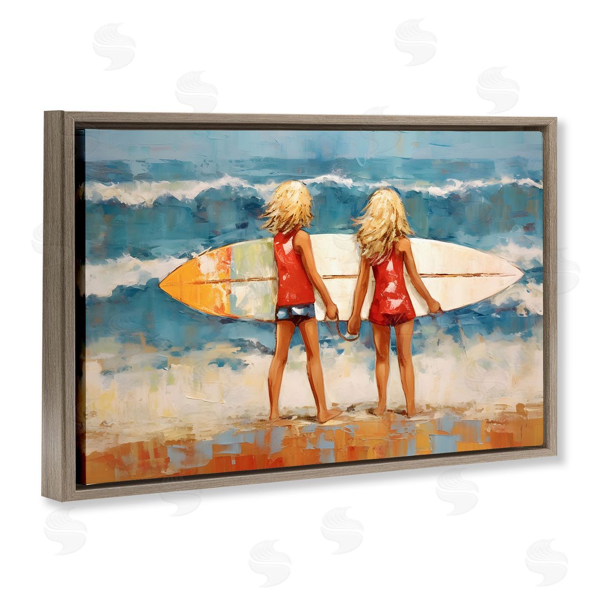 Petal Prints Design Siblings with Surfboard Brown Floating Frame Canvas Wall Art Print