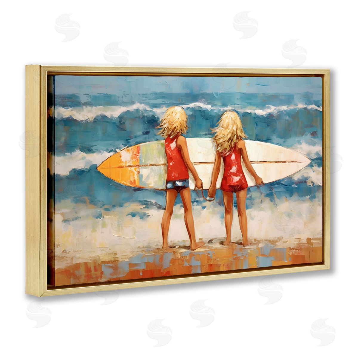 Petal Prints Design Siblings with Surfboard Gold Floating Frame Canvas Wall Art Print