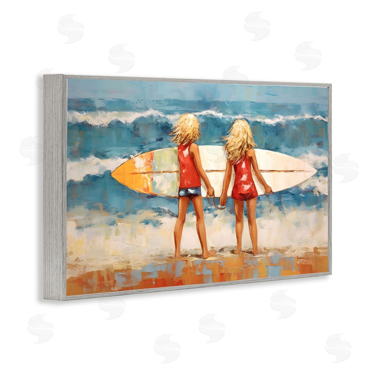 Petal Prints Design Siblings with Surfboard Gray Framed Giclee Wall Art Print