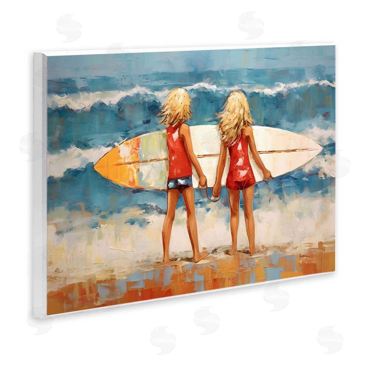 Petal Prints Design Siblings with Surfboard Wooden Wall Plaque Art Print