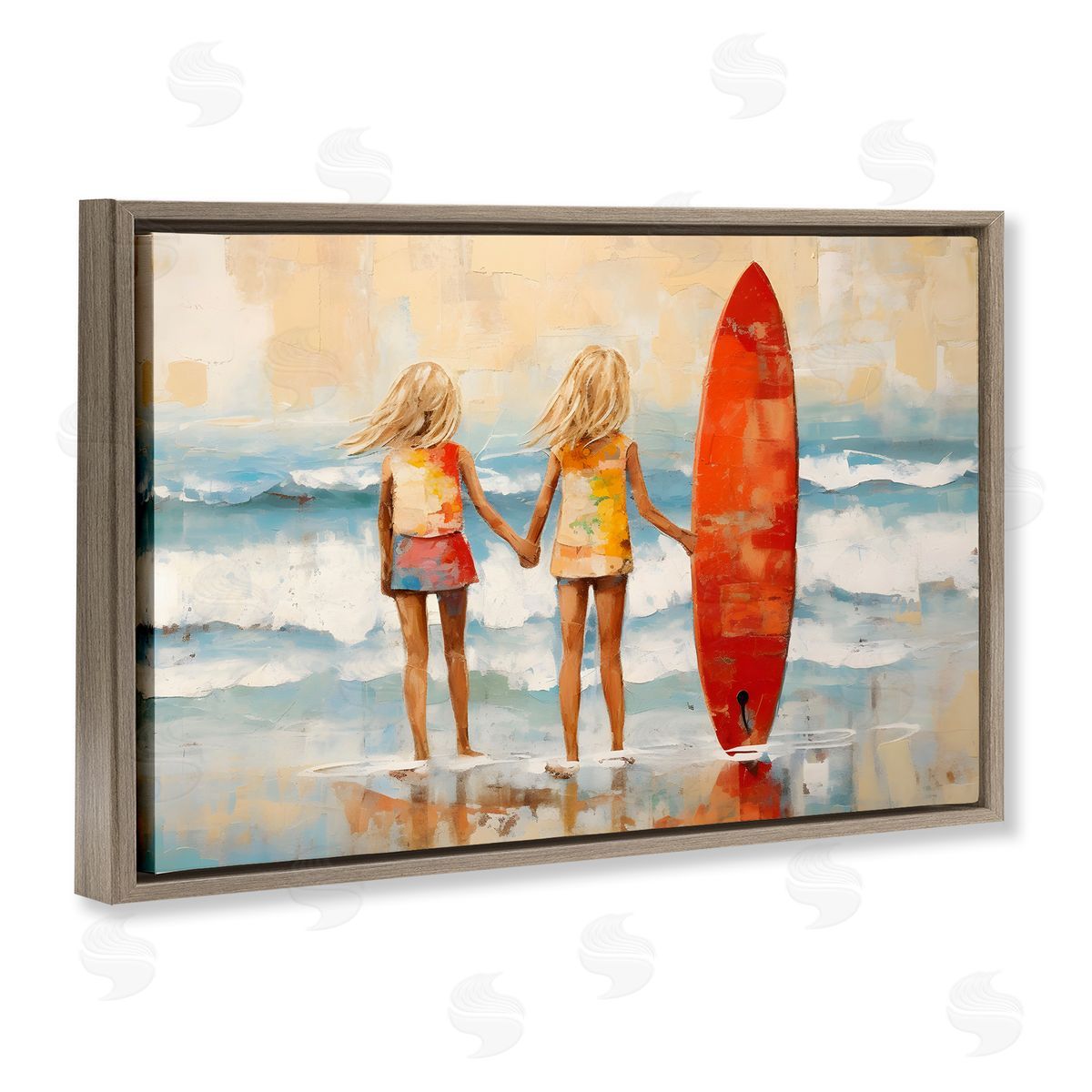 Petal Prints Design Kids & Beach Surfboard Brown Floating Frame Canvas Wall Art Print