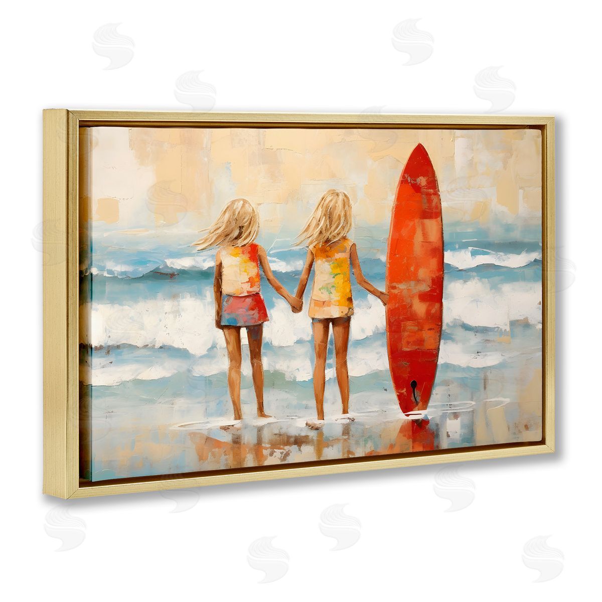 Petal Prints Design Kids & Beach Surfboard Gold Floating Frame Canvas Wall Art Print