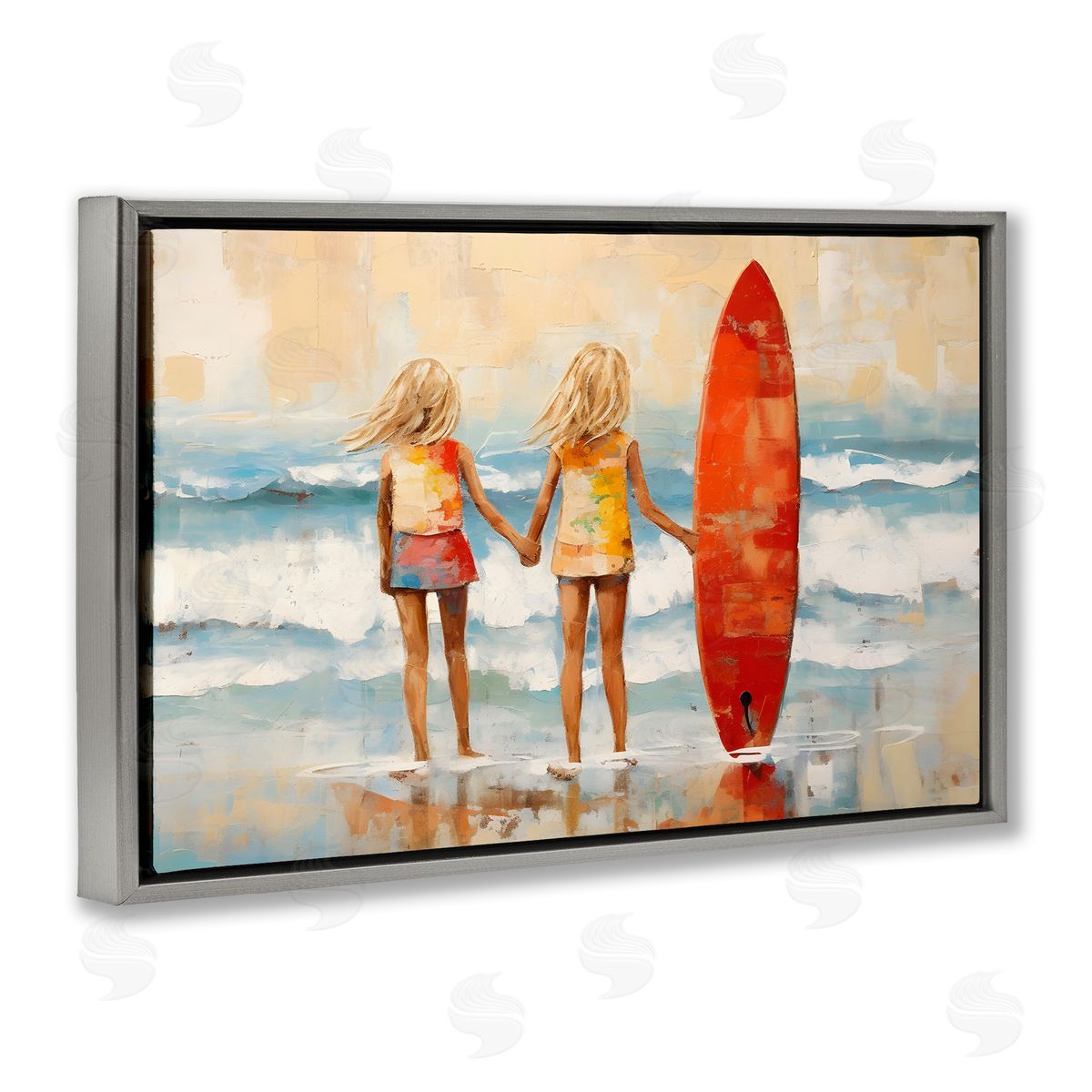 Petal Prints Design Kids & Beach Surfboard Gray Floating Frame Canvas Wall Art Print