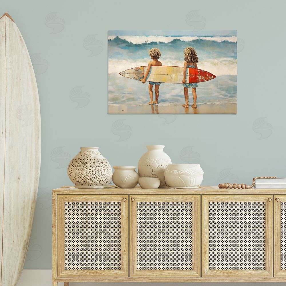 Petal Prints Design Kids with Surf Waves Canvas Wall Art Print in Room