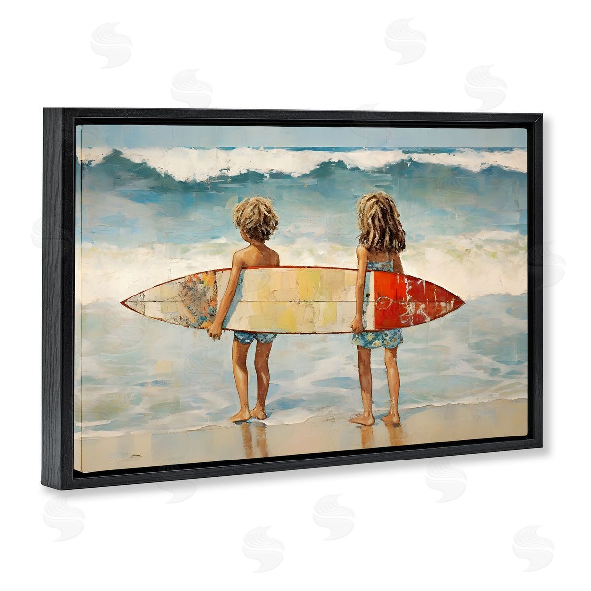 Petal Prints Design Kids with Surf Waves Black Floating Frame Canvas Wall Art Print