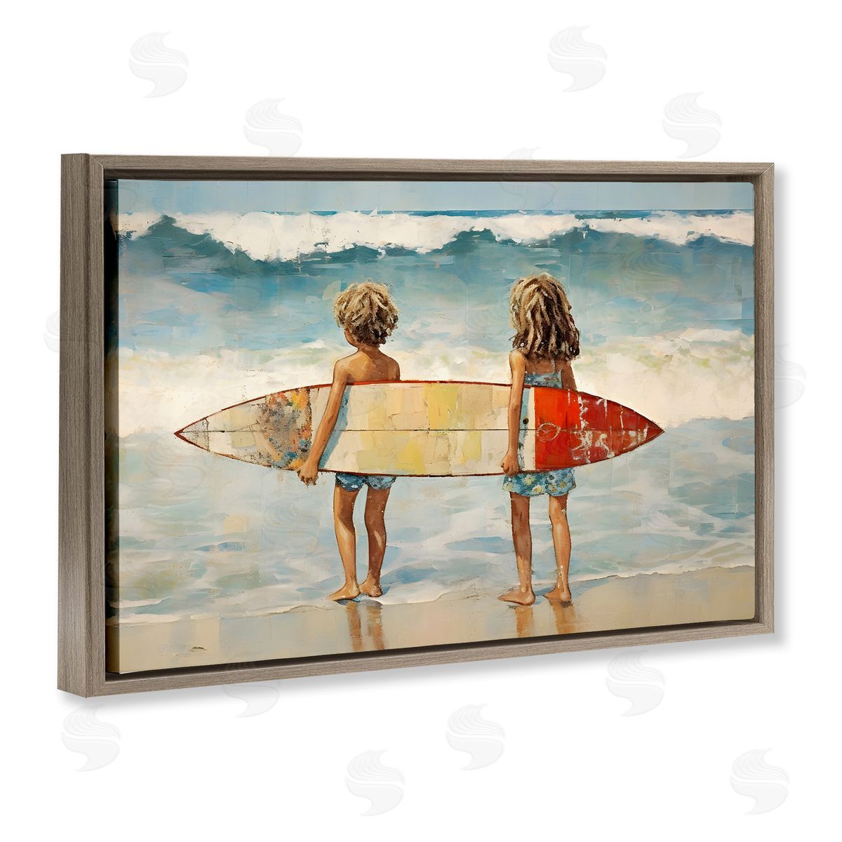 Petal Prints Design Kids with Surf Waves Brown Floating Frame Canvas Wall Art Print
