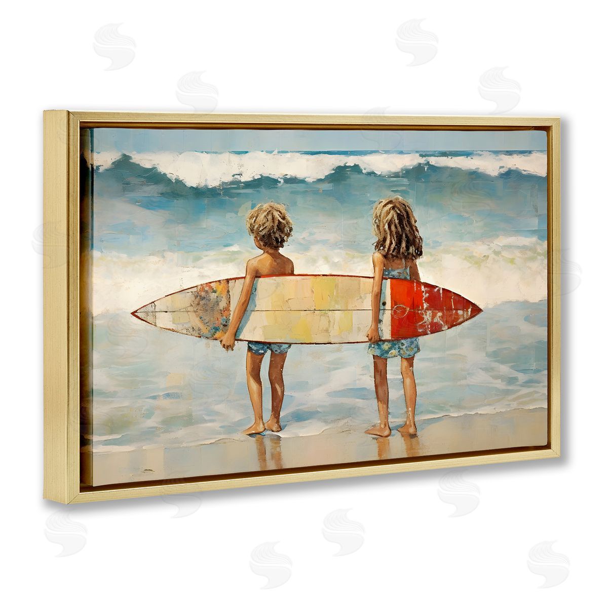 Petal Prints Design Kids with Surf Waves Gold Floating Frame Canvas Wall Art Print