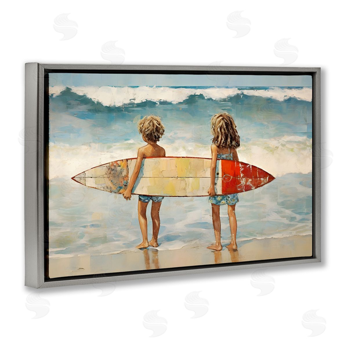 Petal Prints Design Kids with Surf Waves Gray Floating Frame Canvas Wall Art Print
