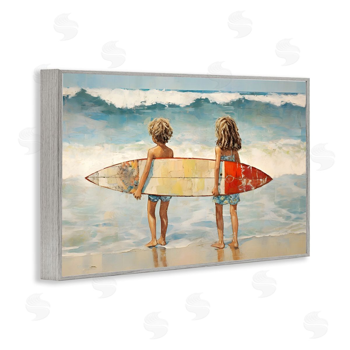 Petal Prints Design Kids with Surf Waves Gray Framed Giclee Wall Art Print
