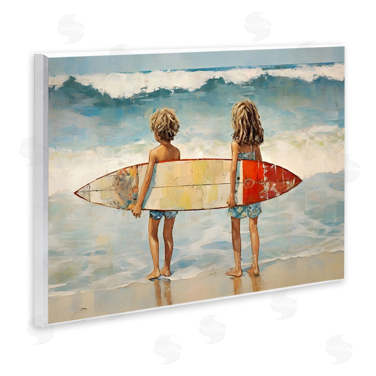 Petal Prints Design Kids with Surf Waves Wooden Wall Plaque Art Print