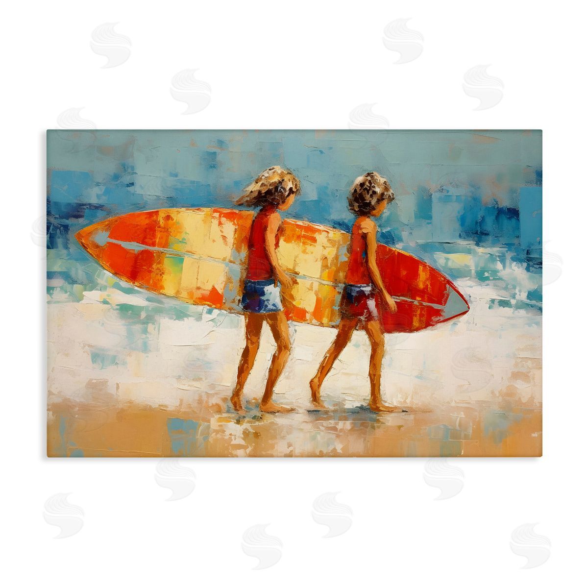 Petal Prints Design Kids Holding Surfboard Canvas Wall Art Print