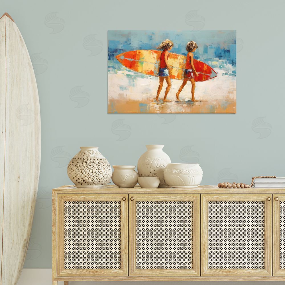 Petal Prints Design Kids Holding Surfboard Canvas Wall Art Print in Room
