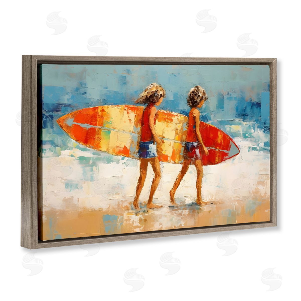 Petal Prints Design Kids Holding Surfboard Brown Floating Frame Canvas Wall Art Print