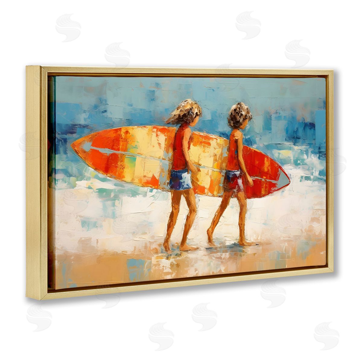 Petal Prints Design Kids Holding Surfboard Gold Floating Frame Canvas Wall Art Print
