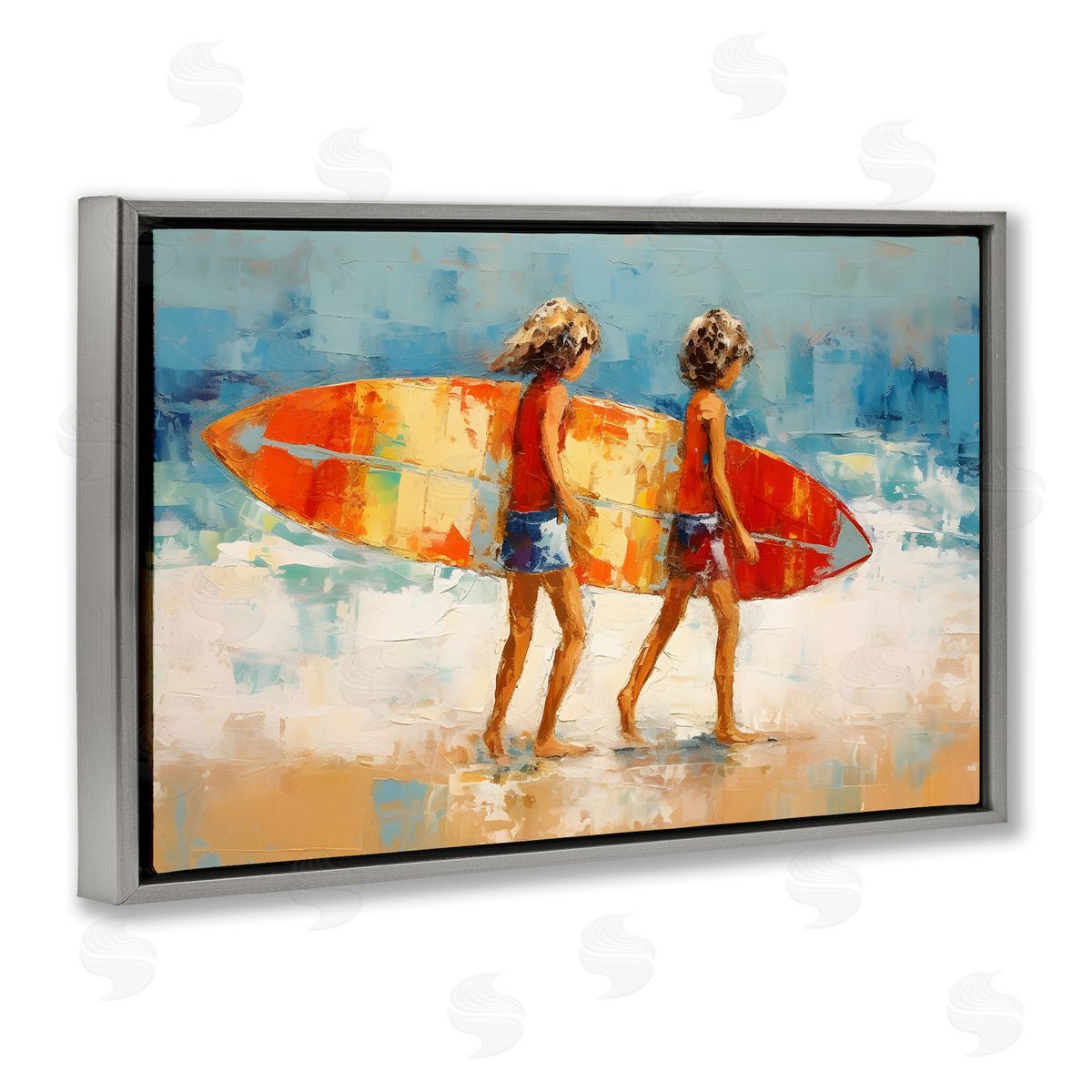 Petal Prints Design Kids Holding Surfboard Gray Floating Frame Canvas Wall Art Print