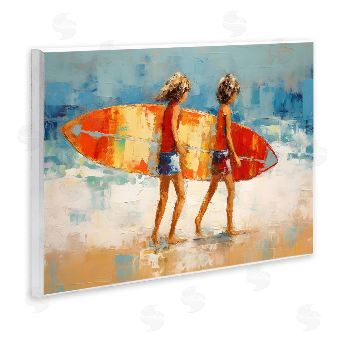 Petal Prints Design Kids Holding Surfboard Wooden Wall Plaque Art Print