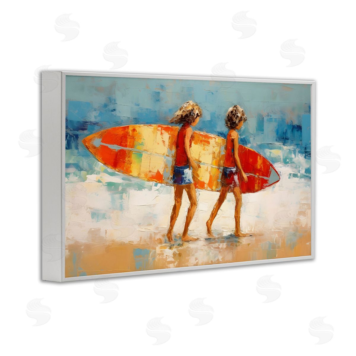 Petal Prints Design Kids Holding Surfboard White Framed Giclee Wall Art Print