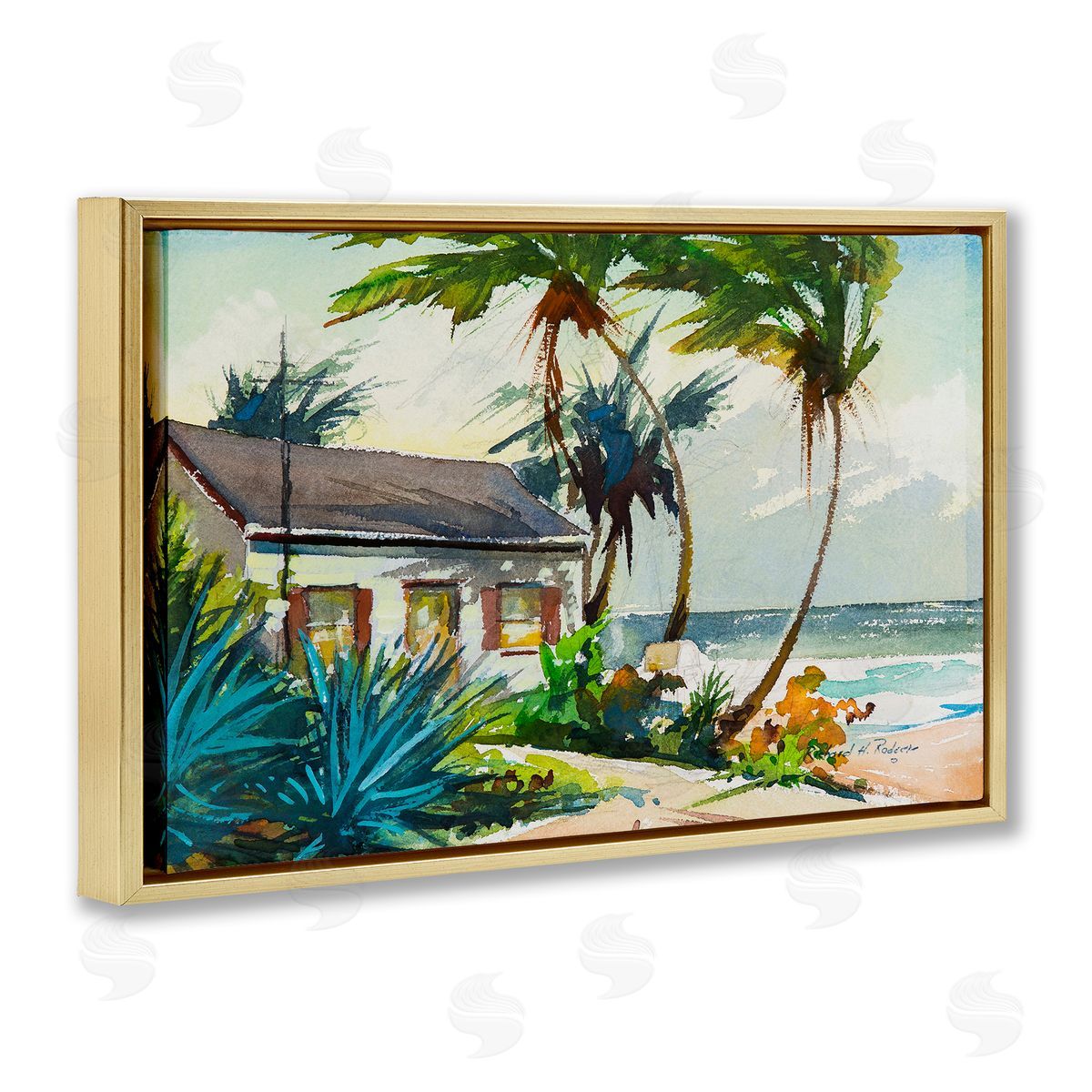 Richard A. Rodgers Windswept Palms Cottage Gold Floating Frame Canvas Wall Art Print