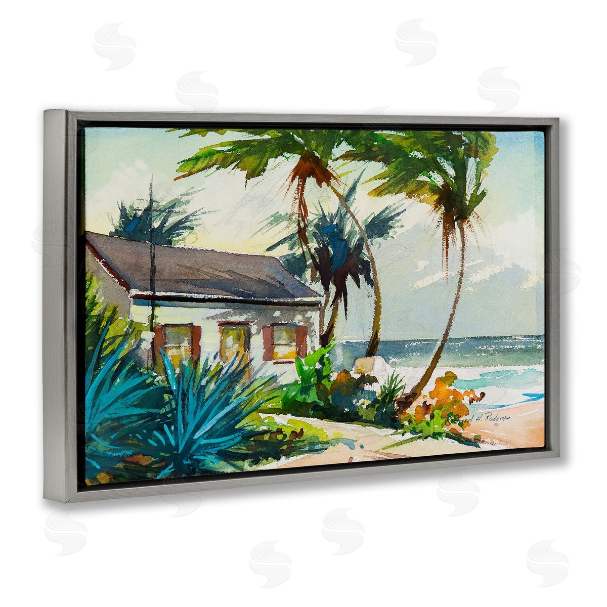Richard A. Rodgers Windswept Palms Cottage Gray Floating Frame Canvas Wall Art Print