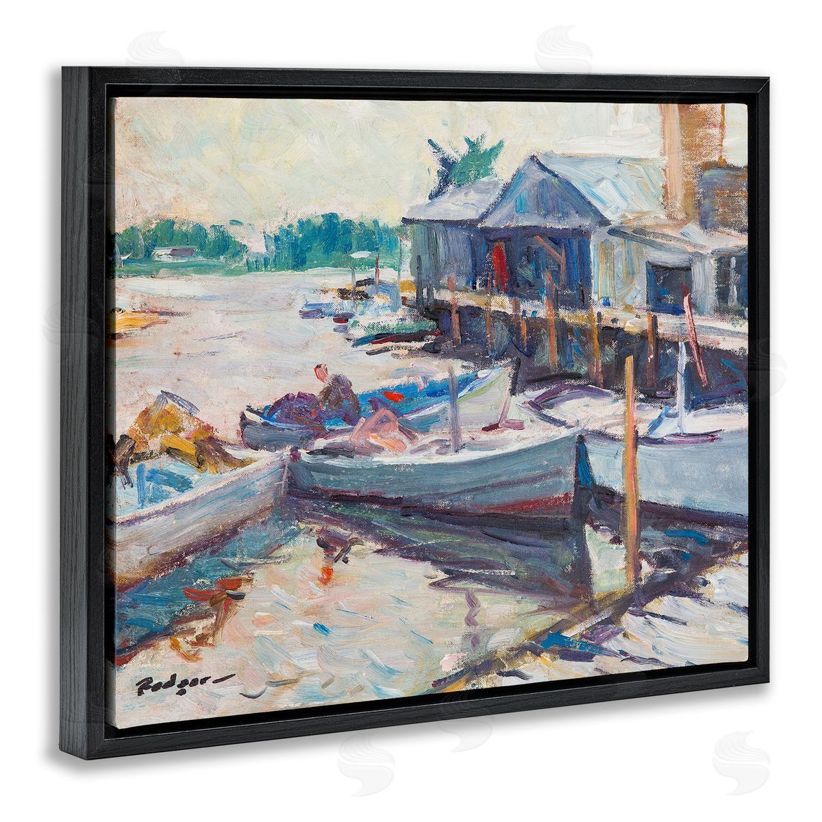 Richard A. Rodgers Scenic Boat Marina Black Floating Frame Canvas Wall Art Print
