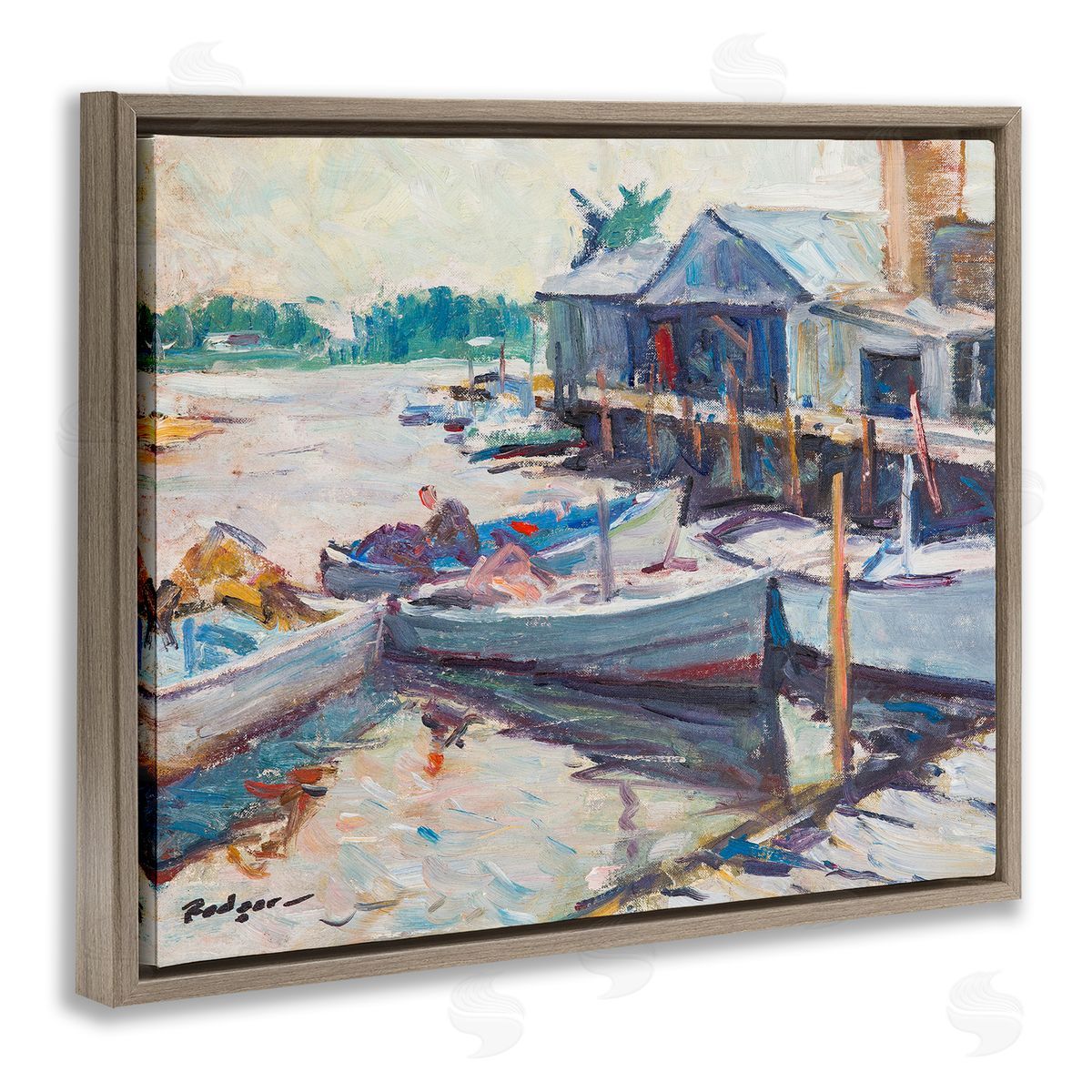 Richard A. Rodgers Scenic Boat Marina Brown Floating Frame Canvas Wall Art Print