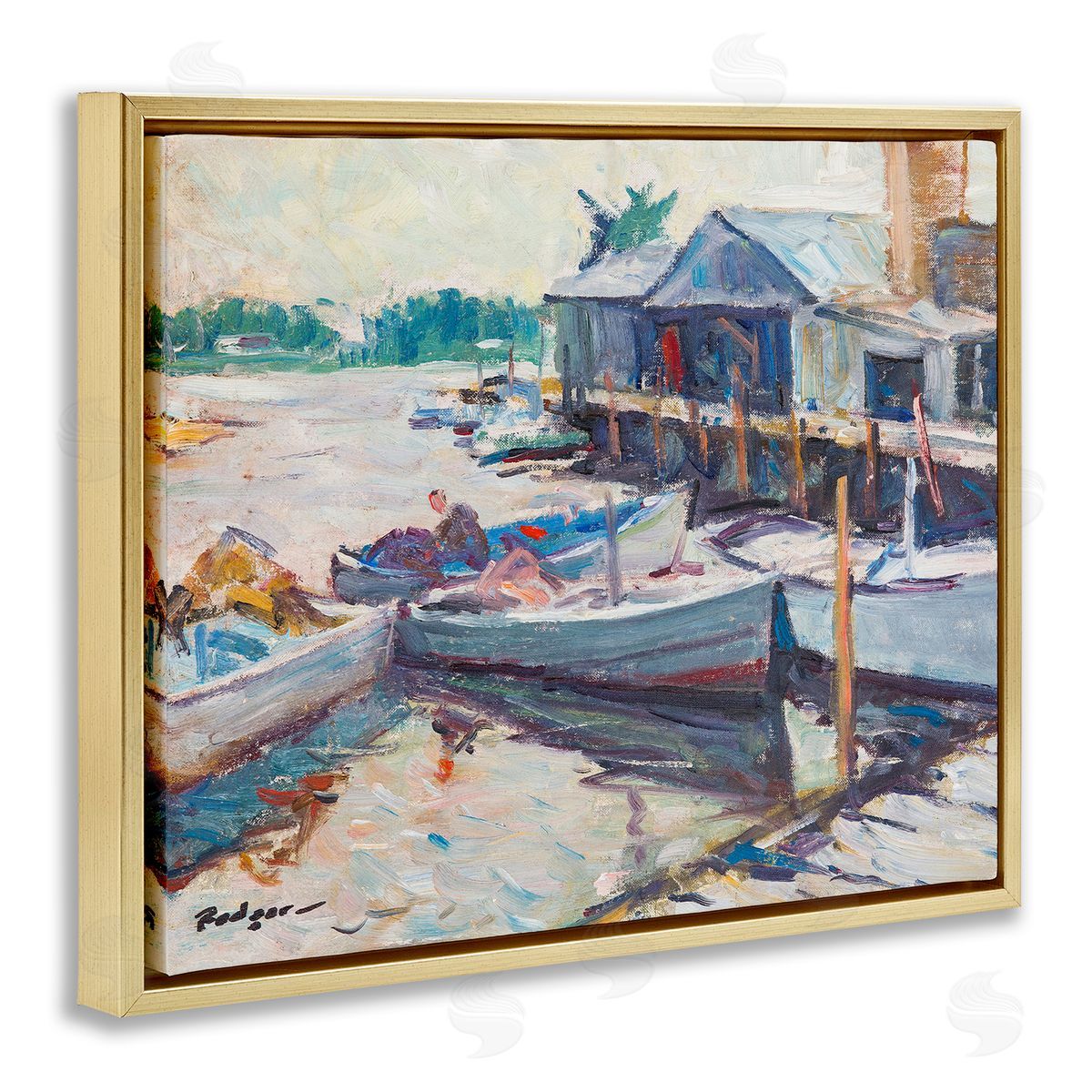 Richard A. Rodgers Scenic Boat Marina Gold Floating Frame Canvas Wall Art Print