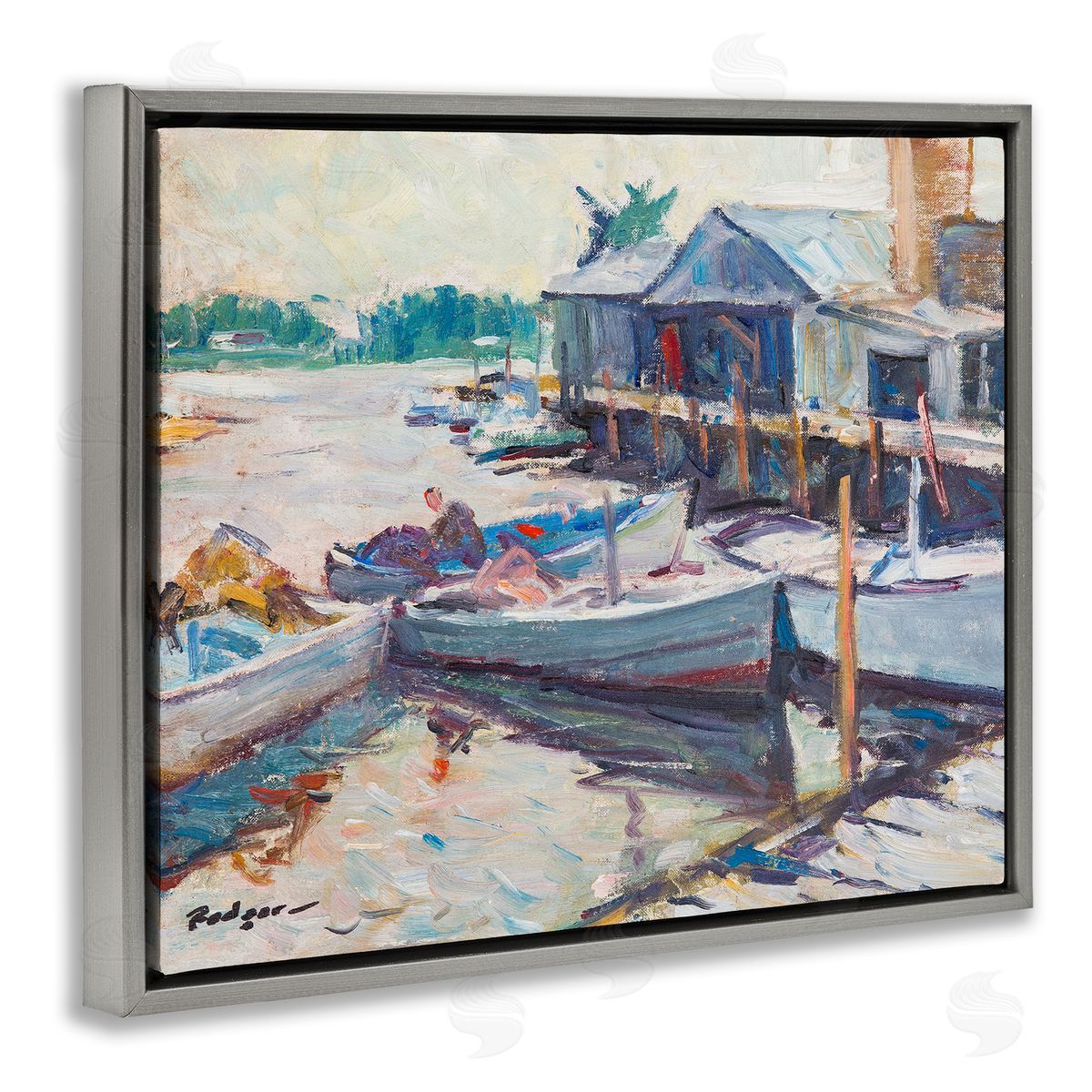 Richard A. Rodgers Scenic Boat Marina Gray Floating Frame Canvas Wall Art Print