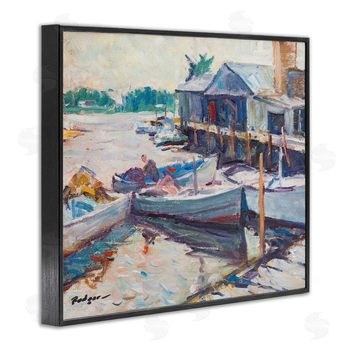 Richard A. Rodgers Scenic Boat Marina Black Framed Giclee Wall Art Print