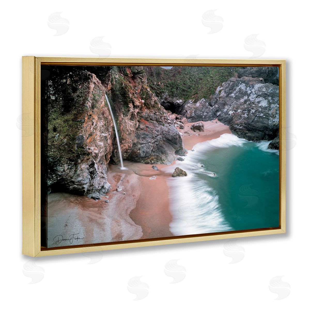 Tropical Waterfall Cliffs Gold Floating Frame Canvas Wall Art, Home Decor by Dennis Frates