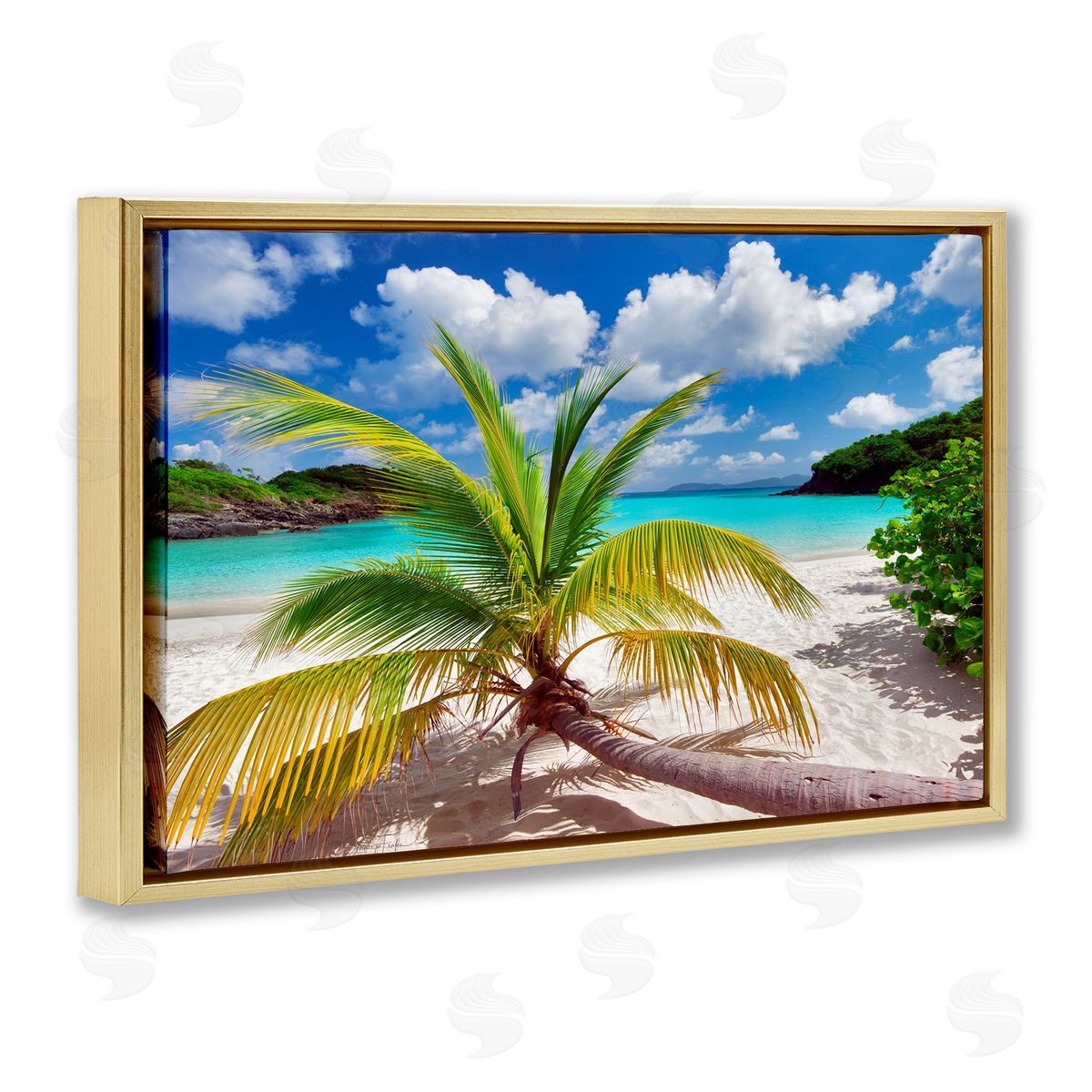 Palm Tree Across Beach Gold Floating Frame Canvas Wall Art, Home Decor by Dennis Frates