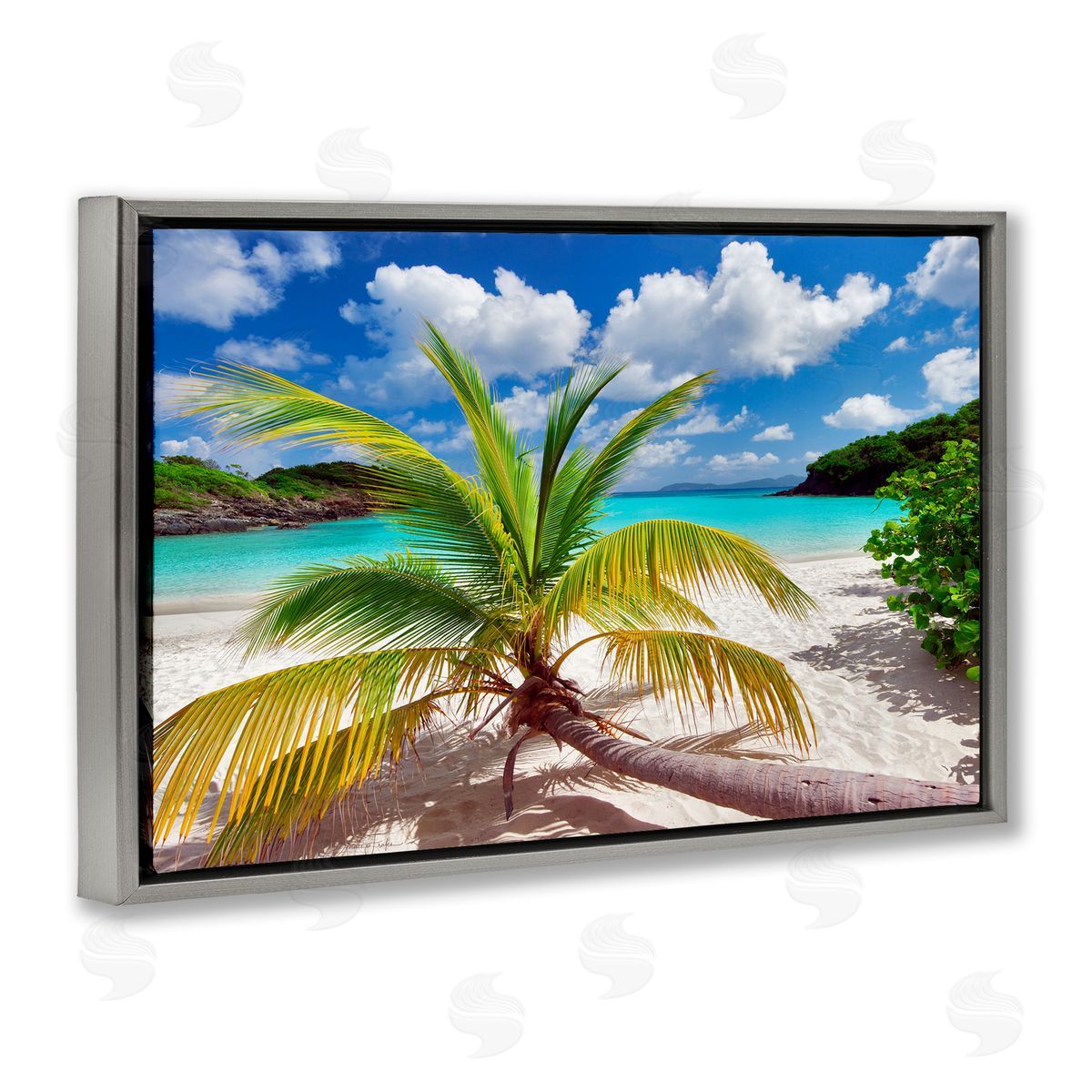 Palm Tree Across Beach Grey Floating Frame Canvas Wall Art, Home Decor by Dennis Frates