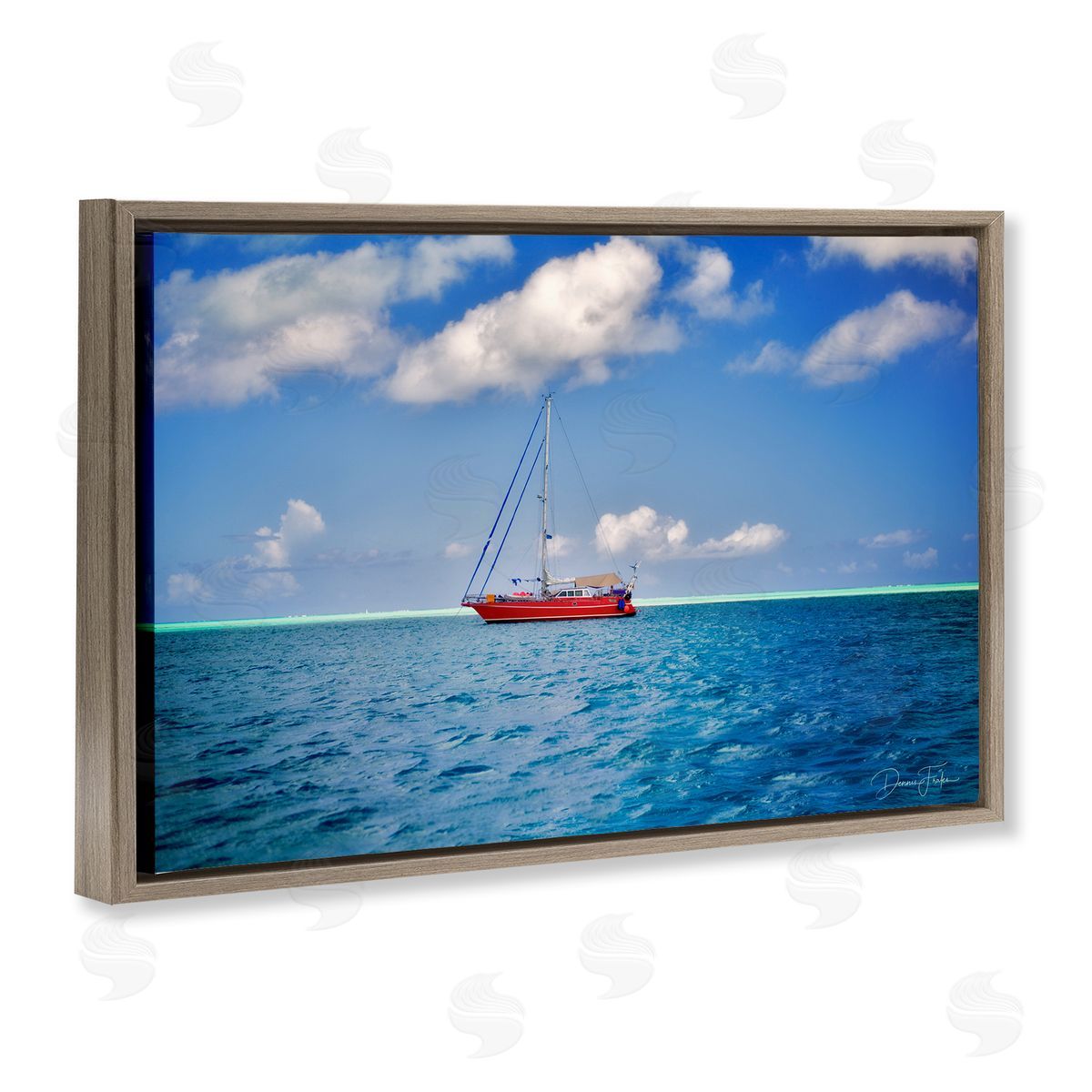 Dennis Frates Ship & Cloudy Sea Brown Floating Frame Canvas Wall Art Print