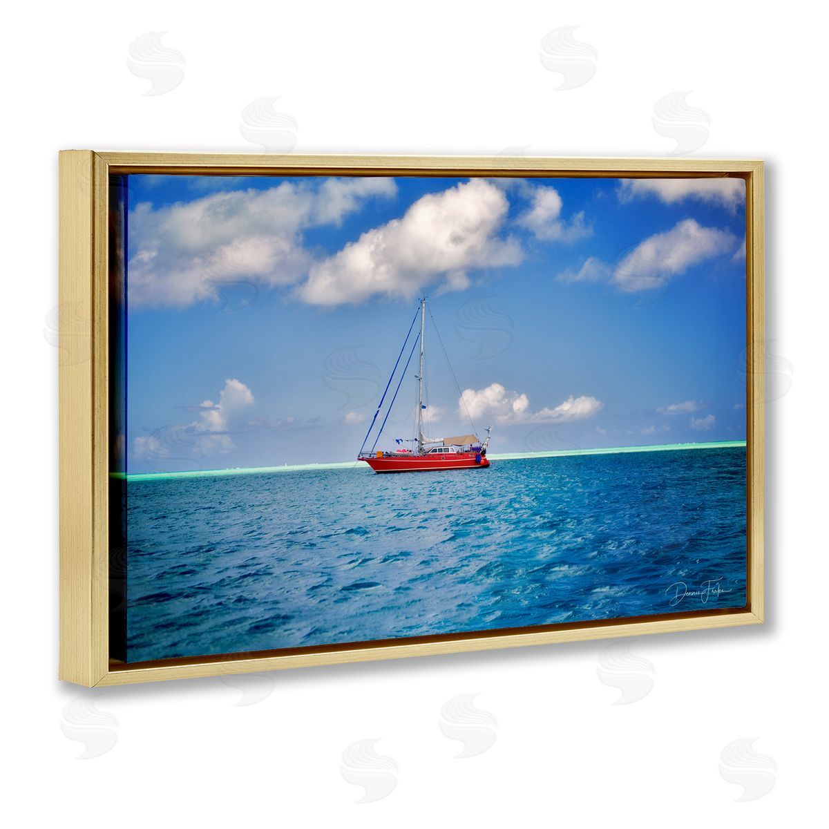 Dennis Frates Ship & Cloudy Sea Gold Floating Frame Canvas Wall Art Print